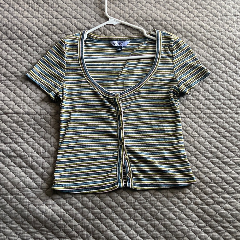 Blue, Green, and Pink stripped fitted shirt.
